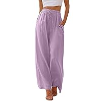 LILLUSORY Women's Linen Summer Palazzo Pants Flowy Wide Leg Beach Pants with Pockets