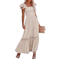 Ferlema Womens Summer Boho Lace Strap Sleeveless Square Neck Ruffle A Line Flowy Beach Long Maxi Dress with Pockets