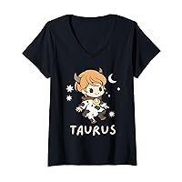 Womens Taurus Bull Kawaii Zodiac Anime Girl Horoscope Astrology V-Neck T-Shirt