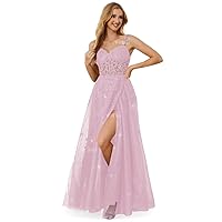 Sparkly Tulle Prom Dresses Long Ball Gowns for Women 2024 Spaghetti Straps Lace Appliques Corset Formal Wedding Dress