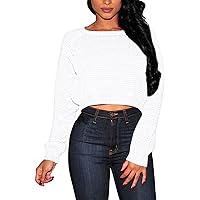 Pink Queen Women's Crew Neck Long Sleeve Crop Sweater Casual Knit Pullover Top White M