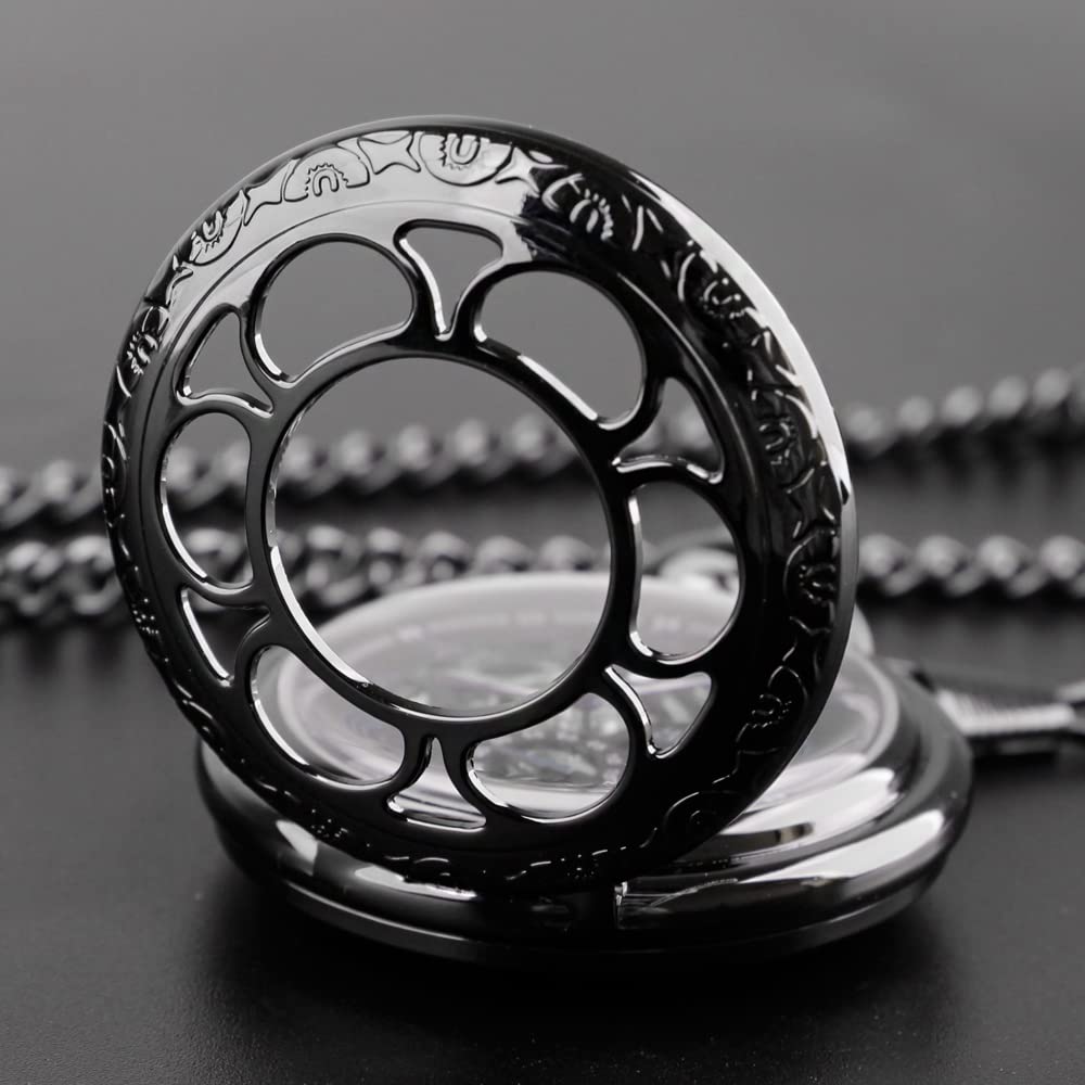 Whodoit Black and Silver Mechanical Pocket Watch Roman Numeral Dial Men's Mechanical Pocket Watch Strap Chain + Box