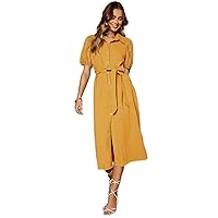 Dresses for Women - Solid Button Front Lantern Sleeve Belted Dress