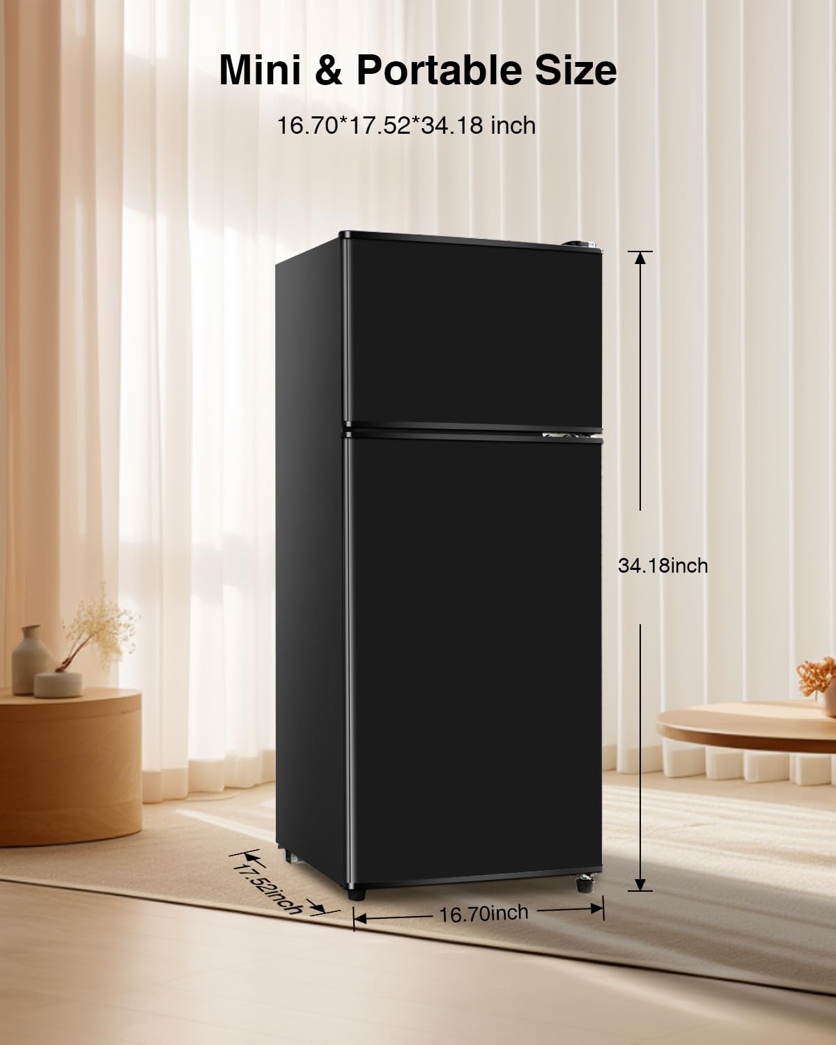 Geekman Mini Fridge with Freezer, 3.5 Cu.Ft Compact Refrigerator with Freezer, 7-level Thermostat & Removable Partition, Low-noise 2 Door Small Fridge for Office, Room, Rv, Corner, Black