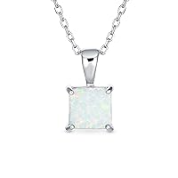 Traditional Dainty 1.25 CT Square Solitaire Princess Cut Blue White Orange Created Opal Gemstone Pendant Necklace For Women Teens 14K Yellow Gold Plated .925 Sterling Silver October Birthstone