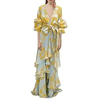 Bohe Dress Women Long Sleeve Print Holiday Dresses Deep V-Neck Irregular Party Bohemian Maxi Dress