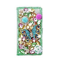 Crystal Wallet Case Compatible with Samsung Galaxy Note 10 Plus 5G - Butterfly Flowers - Green - 3D Handmade Sparkly Glitter Bling Leather Cover with Screen Protector & Neck Strip Lanyard