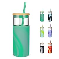 Tronco 20 oz Glass Tumbler with Straw and Lid- Glass Cup with Lid and Straw, Iced Coffee Cup Reusable, Smoothie Cups, Bamboo Lid and Protective Silicone Sleeve - BPA-Free
