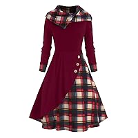 Women's Vintage 1950s Long Sleeve Plaid Patchwork Dress Button Hooded Dress Cocktail Party Swing Dress