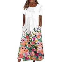 Summer Dresses for Women 2023 Trendy Plus Size Floral Beach Dress Short Sleeve Casual Loose Tshirt Dress Pocket