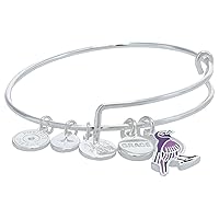 Alex and Ani Grace Violet Backed Starling Duo Expandable Wire Bangle Bracelet, Shiny Silver Finish, Purple Charm, 2 to 3.5 in
