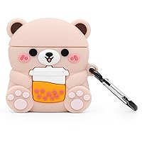 Cute Airpods Case, Boba Tea Bear Airpods 2 Case, Funny Cartoon 3D Animals Soft PVC Shockproof Charging Case Cover with Carabiner for Airpods 1st Generation, Airpods 2nd Generation