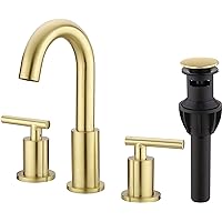TRUSTMI 2 Handle 8 Inch Brass Bathroom Sink Faucet 3 Hole Widespread with Valve and cUPC Water Supply Hoses, with Overflow Pop Up Drain Assembly, Brushed Gold
