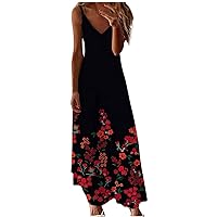 Women's Bohemian Print V-Neck Glamorous Dress Flowy Casual Loose-Fitting Summer Swing Sleeveless Long Floor Maxi Beach Red