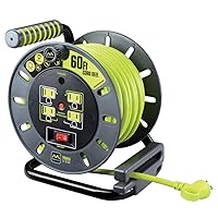 Power at Work Four Power Outlets, Open Cord Reel with Winding Handle, Overload Circuit Breaker and Power Switch, 60 Feet 14AWG, High Visibility Cord, Green