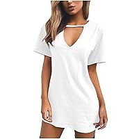 Sexy Plain Dress for Women Short Sleeve Halter V Neck Solid Mini Dress Stretchy Summer Short Dress