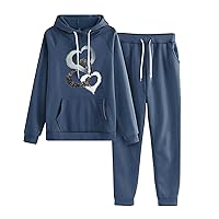 2Pcs Sweatsuits Women Funny Love Heart Chain Tracksuit Long Sleeve Pullover Hoodie & Sweatpant Jogger Drawstring Set