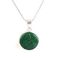925 Sterling Silver Gemstone Jewelry Natural Round Green Onyx Carving Pendant Gift