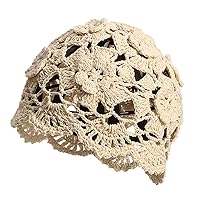 Soft Crochet Beanie Hat for Women Ladies Girls Solid Color Beige Knitted Cutout Slouchy Skull Cap