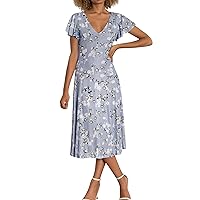Women's Spring Dresses 2024 Swing Long Dress Chiffon Floral Short Sleeve Ruffle V Neck Fashion Waist Dress, S-2XL