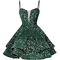 Sequin Homecoming Dresses Tiered for Teens Sparkly Short Prom Dress V Neck Formal Cocktail Gowns