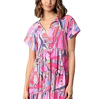 Summer Pink Abstract Geometric Print Tassel Tie Flared Dress Women Short Sleeve Print Dress V Neck Casual Short Dresses