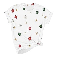 Christmas Tops Womens Snowflake Christmas Tree Print T Shirt O-Neck Shirts Short Sleeve Fashion Blouse Holiday Tee