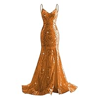 Spaghetti Straps Sequin Mermaid Prom Dresses Long V-Neck Glitter Formal Evening Gown for Women