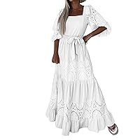 Women's Summer Dresses Solid ColorLace Stitching Loose Waist Lace Up Lohas Time Casual Dress Womens Wrap(White,Large)