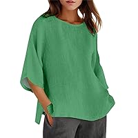 Linen Shirts for Women Summer Cotton V Neck Blouses Loose Fit Short Sleeve Tunic Tops Soft Side Split T-Shirts