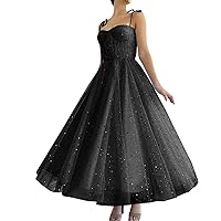 Women's Sparkle Starry Tulle Prom Dresses Tea Length Sweetheart Sleeveless Formal Evening Party Gowns