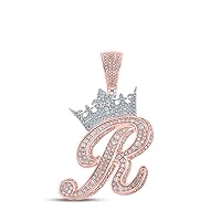 10K Two-tone Gold Mens Diamond Crown R Letter Necklace Pendant 1-7/8 Ctw.