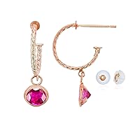 14K Rose Gold 12mm Rope Half-Hoop with 4mm Round Bezel Drop Earring with Silicone Back