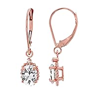 10K Rose Gold 1.25mm Round Created White Sapphire & 6x4mm Oval Created White Sapphire Bead Frame Drop Leverback Earring