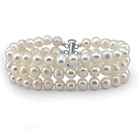 3-Row White A Grade 6.5-7mm Freshwater Cultured Pearl Bracelet With rhodium plated base metal Clasp, 7.5 Inches
