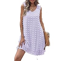 Womens Summer Holiday Dress Solid Dot Print V Neck Sleeveless Flared Ruffle Dress S-XL