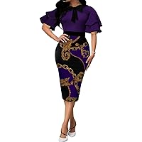 FoveNK Pencil Dress for Women Business Elegant Ruffle Sleeve Bodycon Church Dresses Wear to Work Zipper