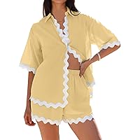 MEROKEETY Women's 2024 Summer Casual Lounge Sets Short Sleeve Button Shirts Tops and Shorts 2 Piece Outfits