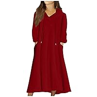 Dresses for Women Casual Round Neck Long Sleeve Pullover Ruched Button Dress Long Sleeve Dress