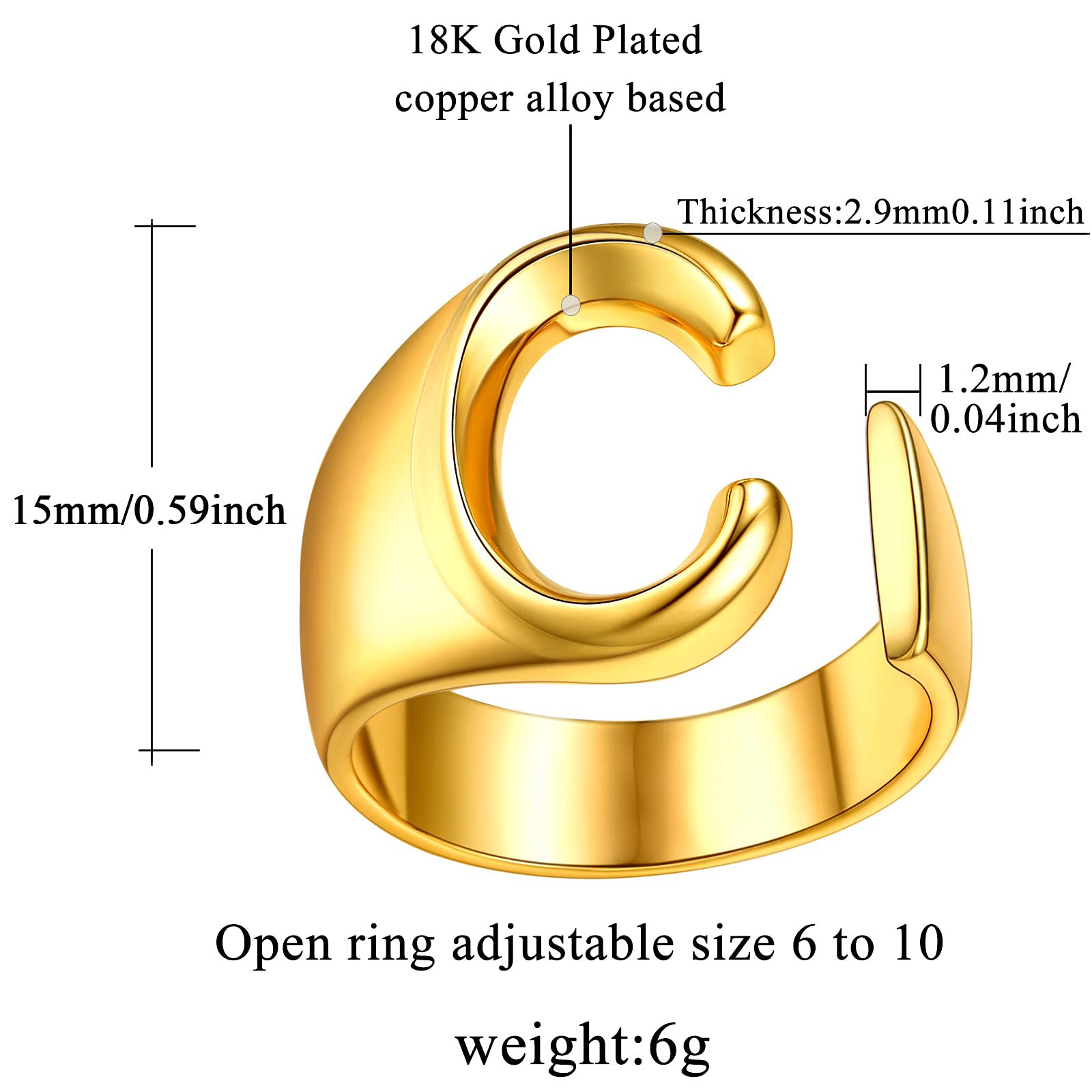 FindChic Customizable Initial Ring Statement 18K Gold Plated Fashion Cuff Rings for Women Alphabet Letter A to Z Resizable Knuckle Ring (with Gift Box)