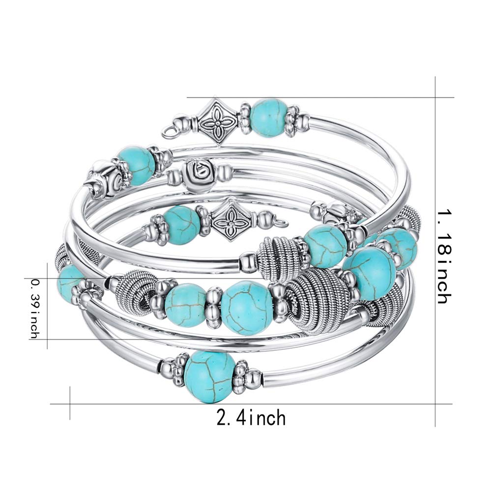 PEARL&CLUB Beaded Chakra Bangle Turquoise Bracelet - Fashion Jewelry Wrap Bracelet with Thick Silver Metal and Mala Beads, Birthday Gifts for Women