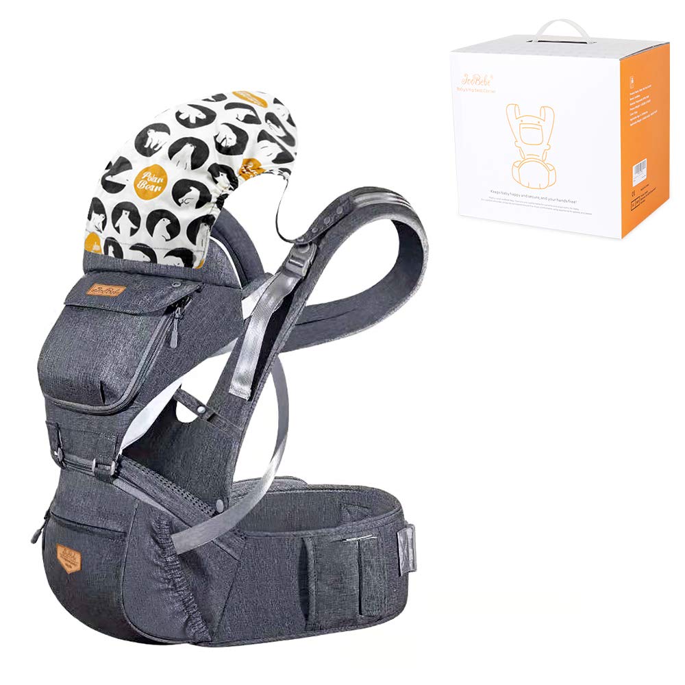 JooBebe Baby Hip Seat Carrier - 6 in 1 Front Back Breathable Polyester Ergonomic Hipseat Infant Backpack Carrier with Adjustable Straps Detachable Hood for Newborn 4 to 36 Months,4 Season /Gray