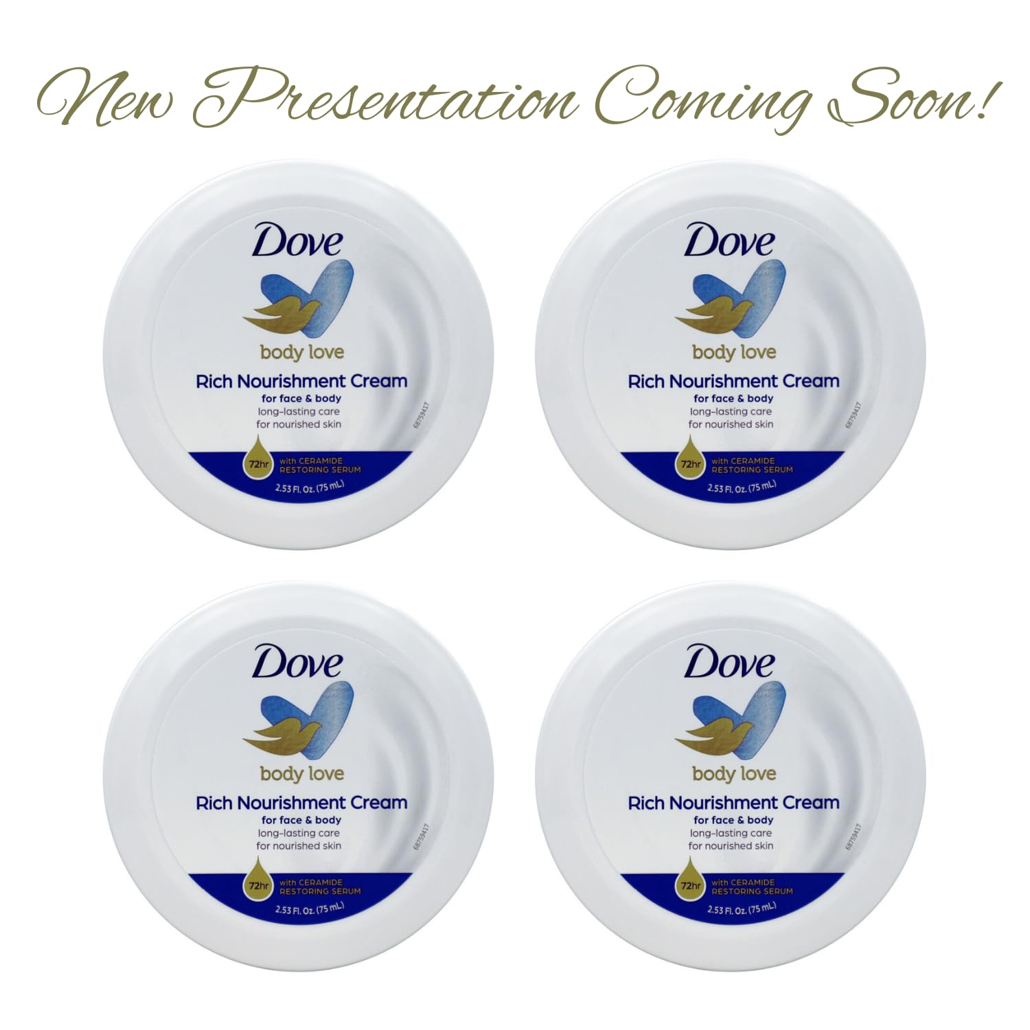 Dove Nourishing Body Care, Face, Hand, and Body Rich Nourishment Cream for Extra Dry Skin with 48-Hour Moisturization, 4-Pack, 2.53 Oz Each Jar