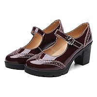 SHEMEE Women's Chunky Platform Patent Leather Mary Janes Pumps Buckle Ankle Strap Block High Heels Wingtip Oxfords Dress Shoes Uniform