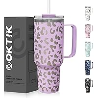 40 oz Tumbler With Handle and Straw Lid, 2-in-1 Lid (Straw/Flip), Vacuum Insulated Travel Mug Stainless Steel Tumbler for Hot and Cold Beverages,Easy to Clean (Lavender Leopard)