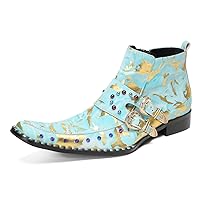 Men's Genuine Leather Double Buckle Chelsea Boots Fashion Casual Coloful Beads Party Ballroom Cowboy Mid Toe Boot