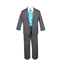 7pc Formal Boys Dark Gray Suits Extra Turquoise Blue Vest Necktie S-20 (20)