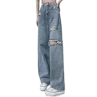 Denim Straight Leg Jeans for Women Relaxed Fit Trendy Stretch Denim Pants Fall High Rise Ripped Trouser Loose Fit Mom