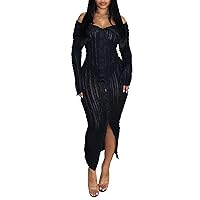 Women's Sexy Off Shoulder Dress 2024 Elegant Long Sleeve Button Down Split Ruffle Bodycon Midi Dresses Clubwear