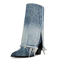 MUCCCUTE Women's Denim Boots Cowboy Western Fold Over Cowgirl Boots Chunky Stacked Heel Pointed Toe Pull On Wide-Calf Boots
